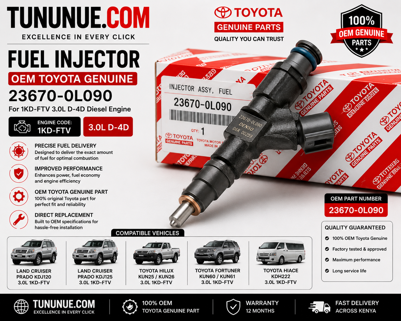 OEM Toyota Genuine Fuel Injector 23670-0L090 Prado J120 3.0L 1KD-FTV