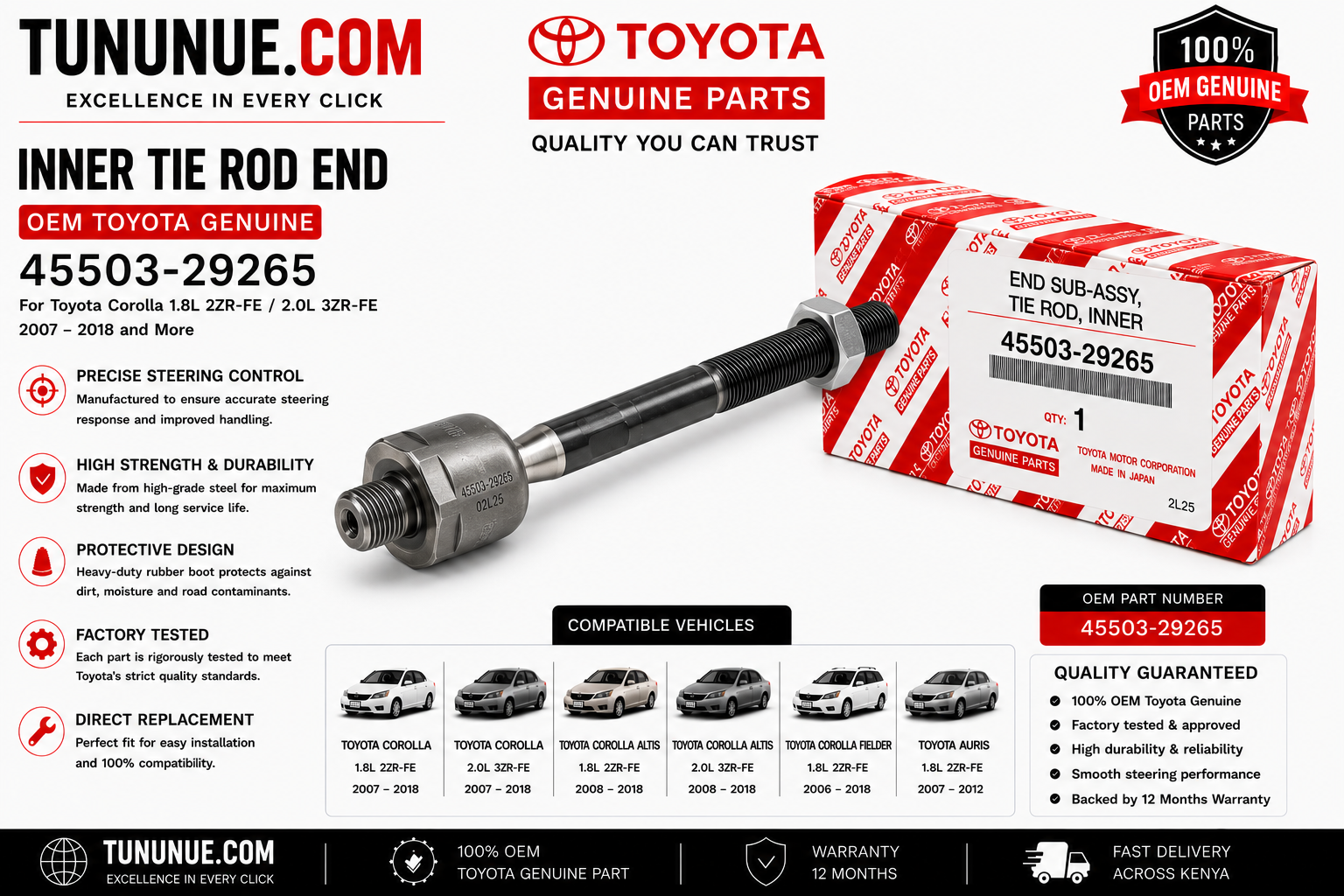 OEM Toyota Genuine Inner Tie Rod End 45503-29265 Corolla 1.8L 2ZR-FE / 2.0L 3ZR-FE