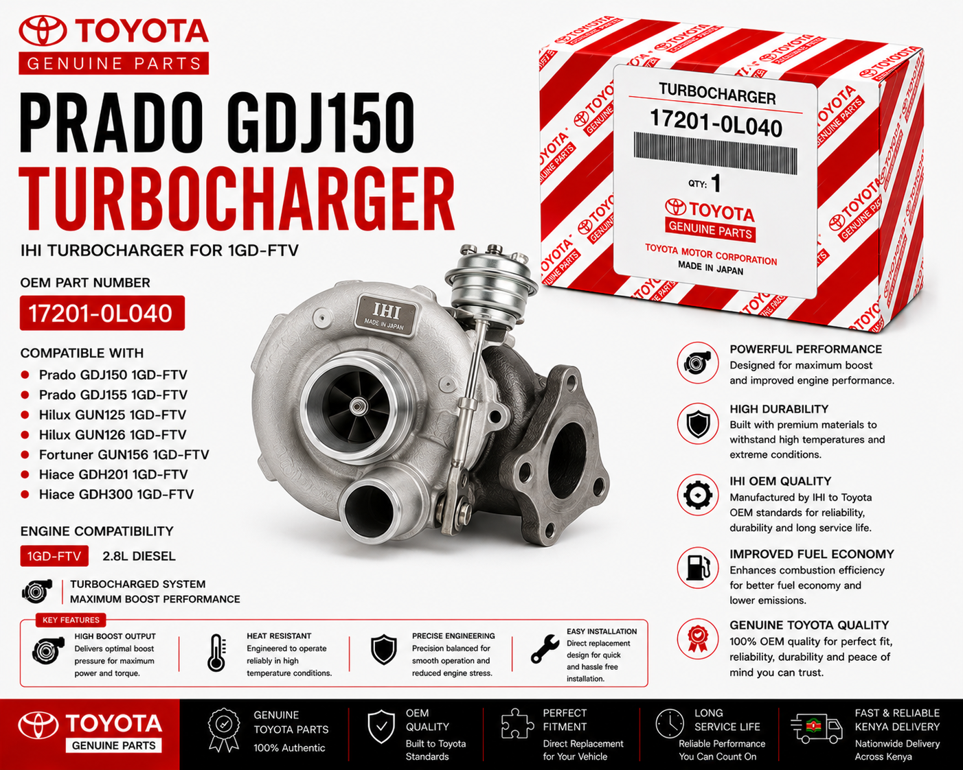 OEM Toyota IHI Turbocharger 17201-0L040 Prado GDJ150 2.8L 1GD-FTV