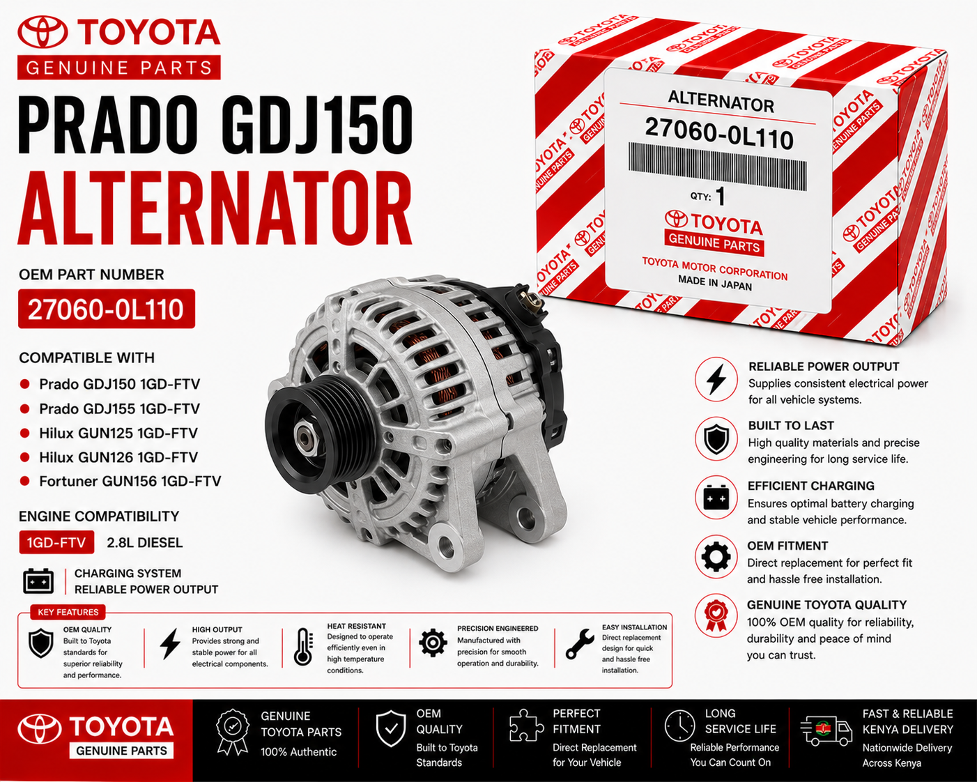 OEM Toyota Alternator 27060-0L110 Prado GDJ150 2.8L 1GD-FTV