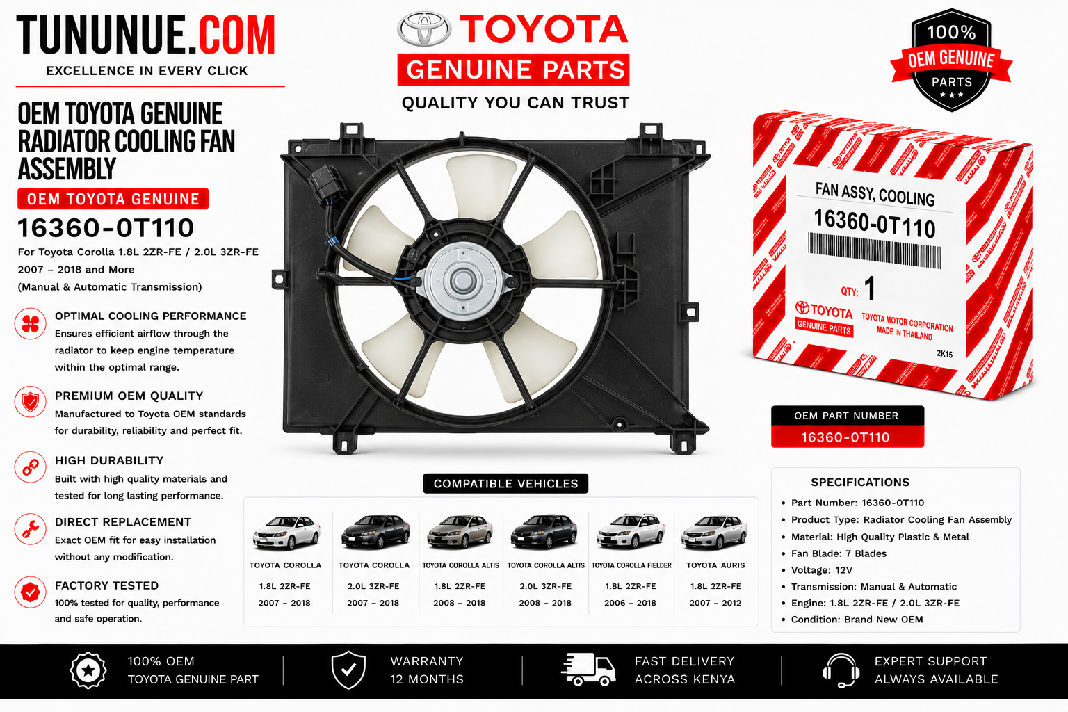 OEM Toyota Genuine Radiator Cooling Fan Assembly 16360-0T110 Corolla 1.8L 2ZR-FE / 2.0L 3ZR-FE