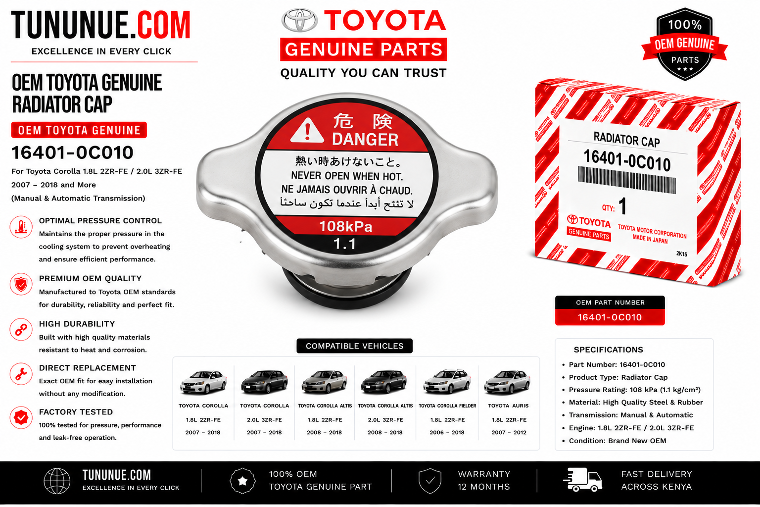 OEM Toyota Genuine Radiator Cap 16401-0C010 Corolla 1.8L 2ZR-FE / 2.0L 3ZR-FE