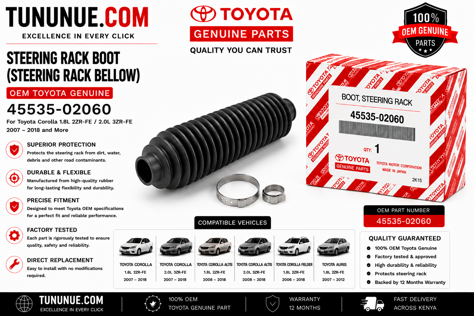OEM Toyota Genuine Steering Rack Boot 45535-02060 Corolla 1.8L 2ZR-FE / 2.0L 3ZR-FE