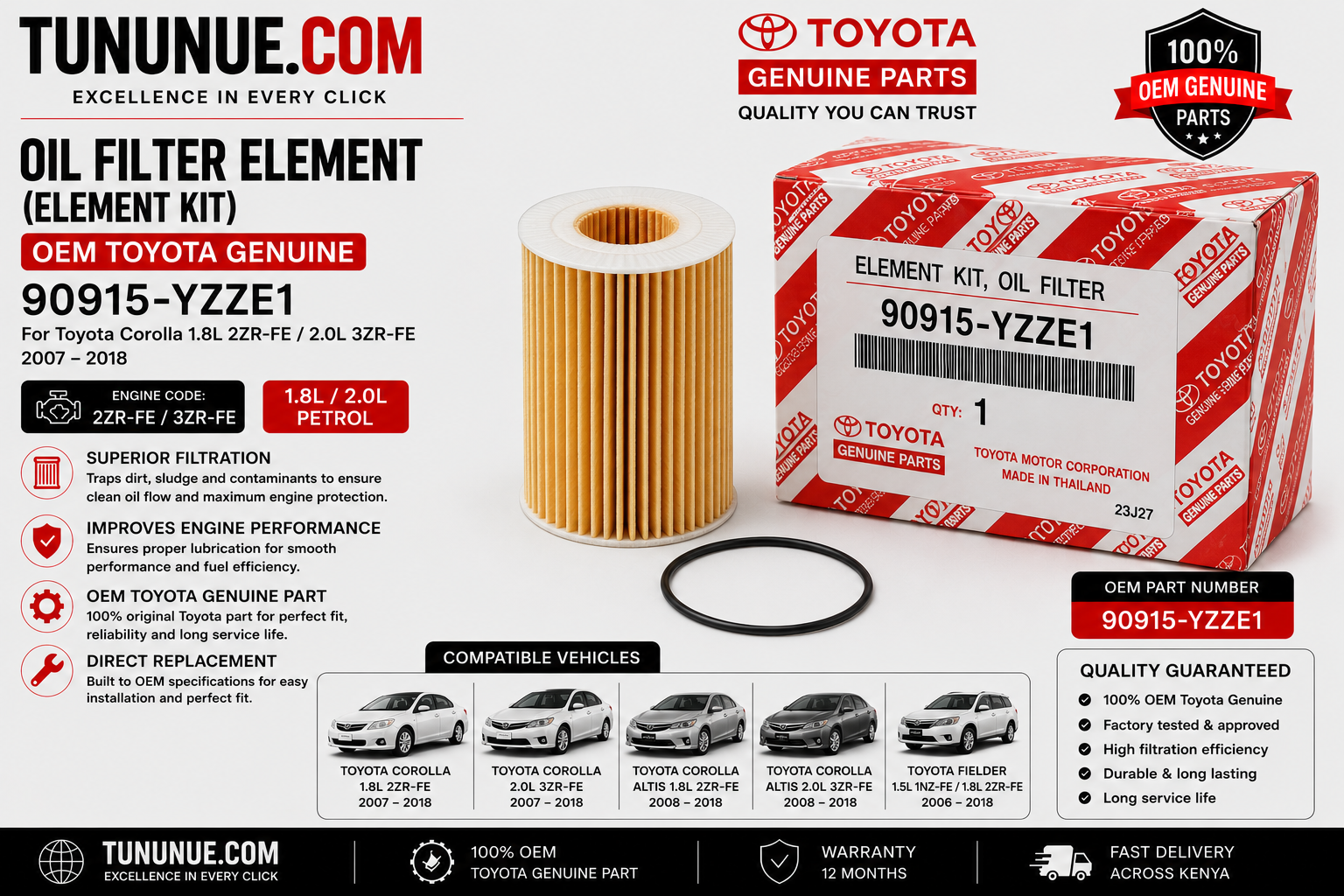 OEM Toyota Genuine Oil Filter Element 90915-YZZE1 Corolla 1.8L 2ZR-FE / 2.0L 3ZR-FE