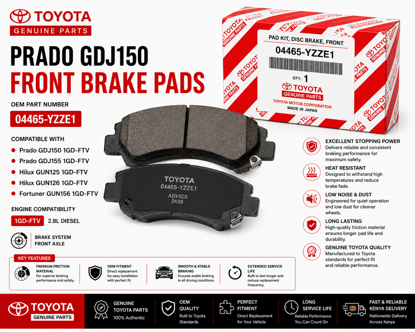 OEM Toyota Front Brake Pads 04465-YZZE1 Prado GDJ150 2.8L 1GD-FTV
