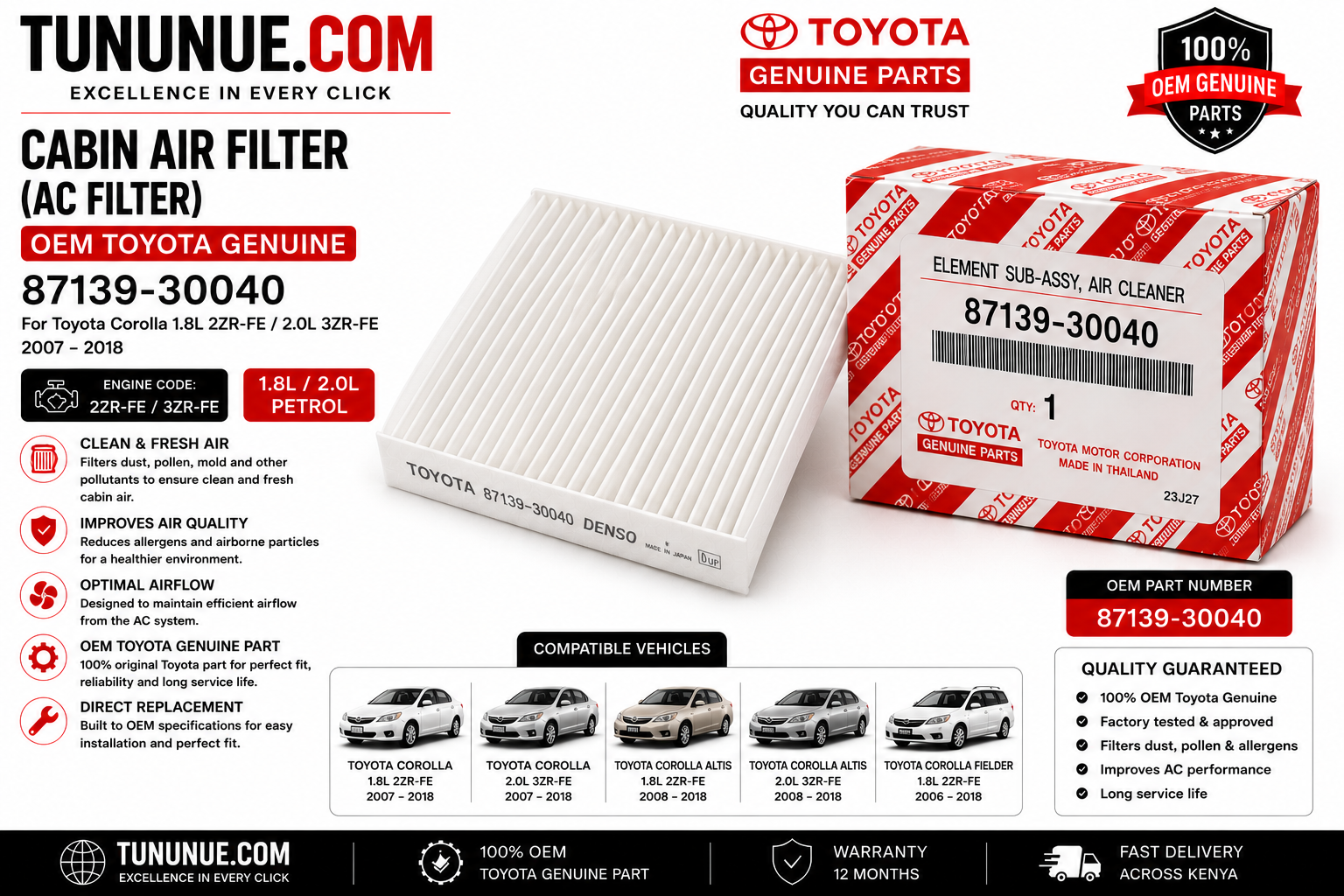 OEM Toyota Genuine Cabin Air Filter (AC Filter) 87139-30040 Corolla 1.8L 2ZR-FE / 2.0L 3ZR-FE