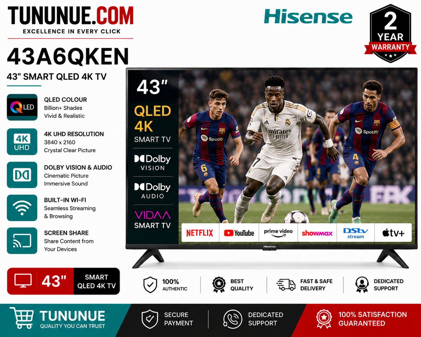 Hisense 43A6QKEN 43 Inch Smart QLED 4K TV