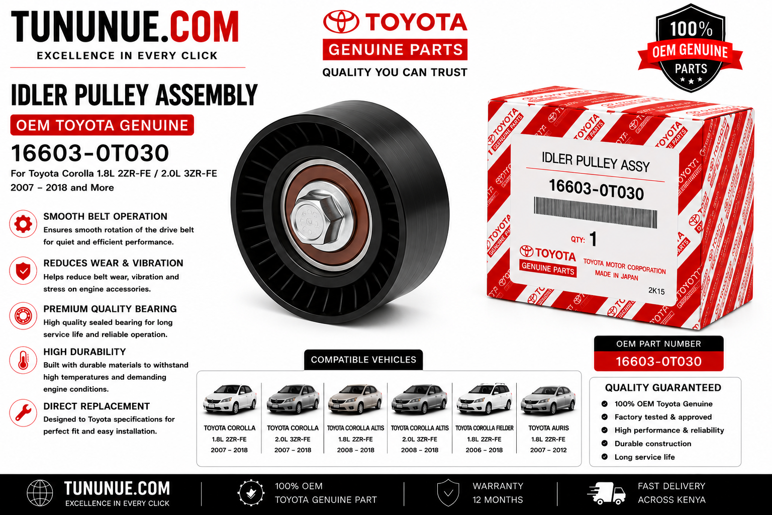 OEM Toyota Genuine Idler Pulley Assembly 16603-0T030 Corolla 1.8L 2ZR-FE / 2.0L 3ZR-FE