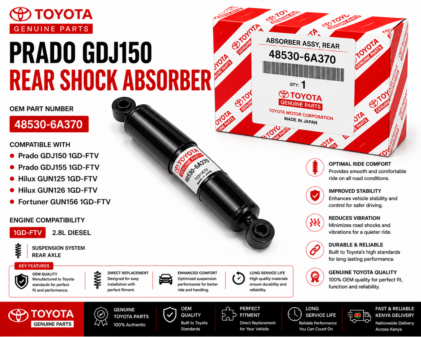 OEM Toyota Rear Shock Absorber 48530-6A370 Prado GDJ150 2.8L 1GD-FTV