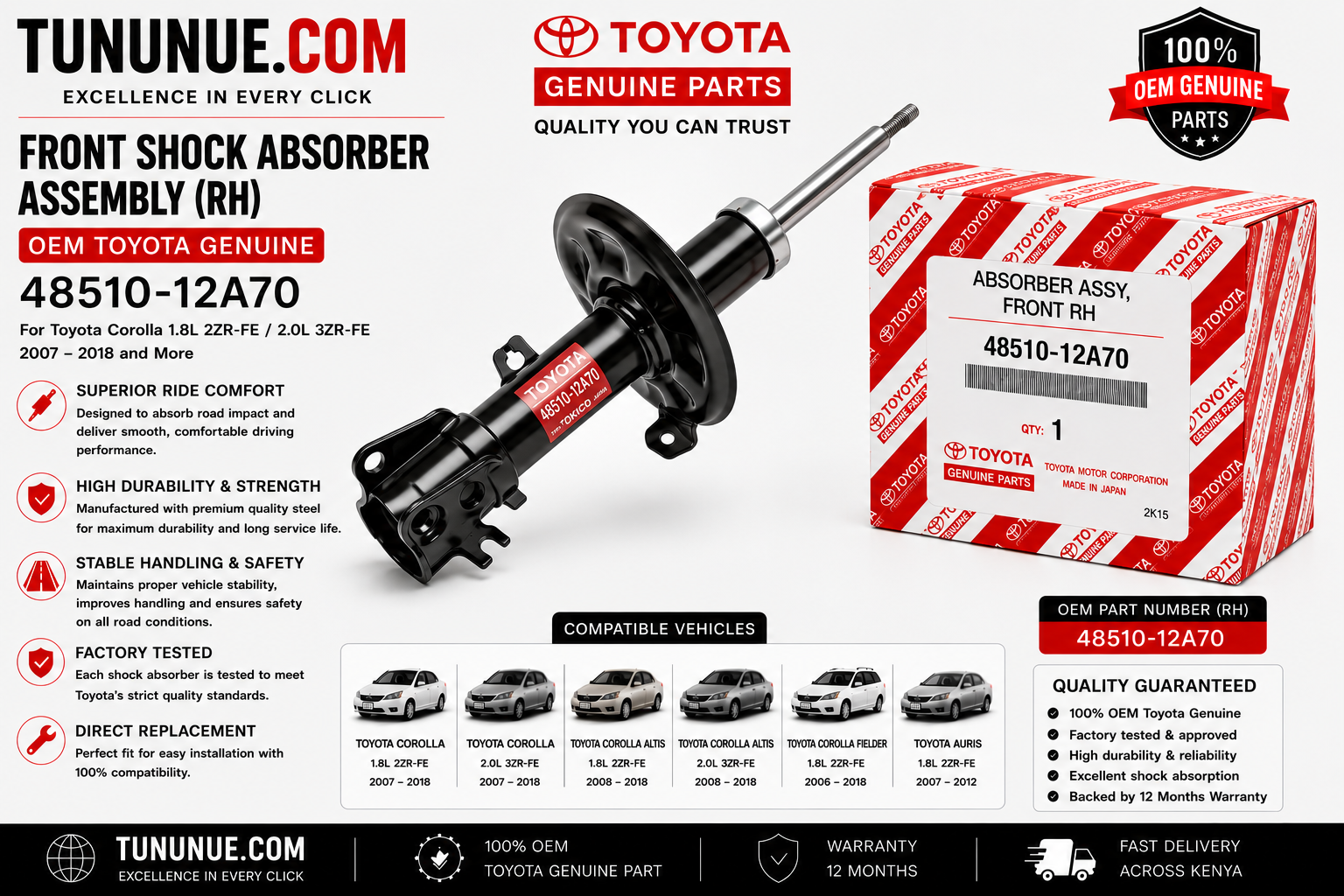 OEM Toyota Genuine Front Shock Absorber Assembly RH 48510-12A70 Corolla 1.8L 2ZR-FE / 2.0L 3ZR-FE