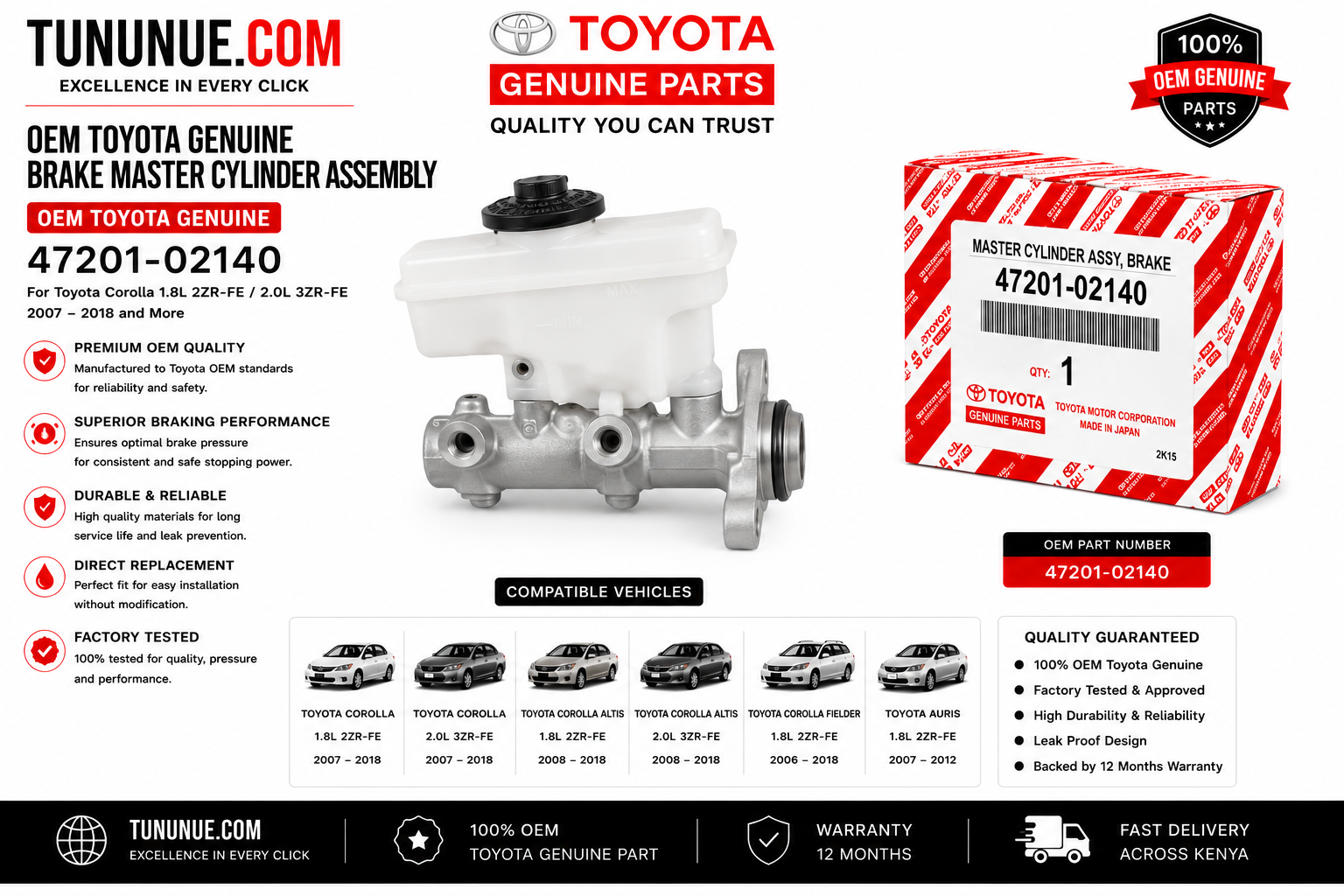 OEM Toyota Genuine Brake Master Cylinder Assembly 47201-02140 Corolla 1.8L 2ZR-FE / 2.0L 3ZR-FE