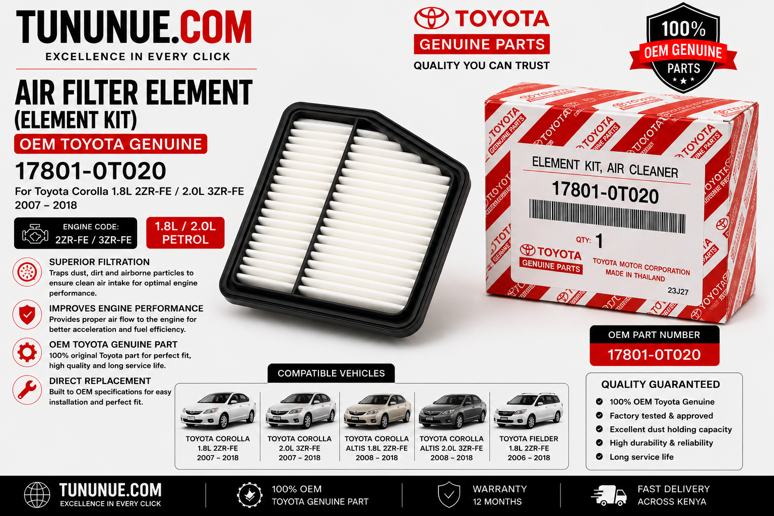 OEM Toyota Genuine Air Filter Element 17801-0T020 Corolla 1.8L 2ZR-FE / 2.0L 3ZR-FE