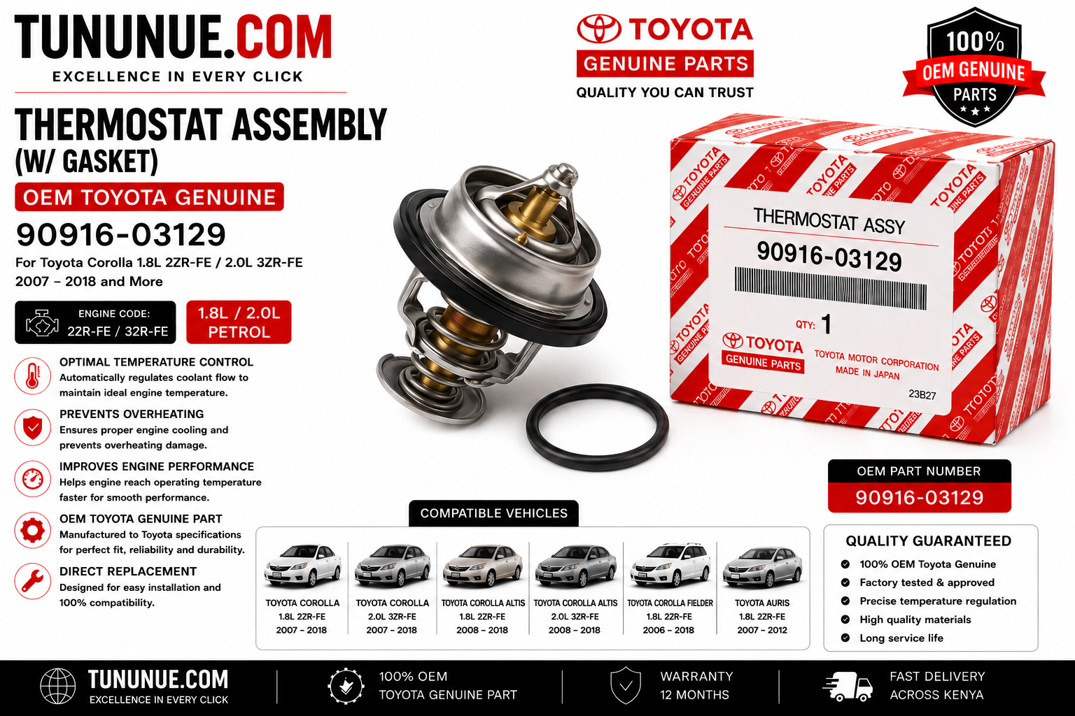 OEM Toyota Genuine Thermostat Assembly with Gasket 90916-03129 Corolla 1.8L 2ZR-FE / 2.0L 3ZR-FE