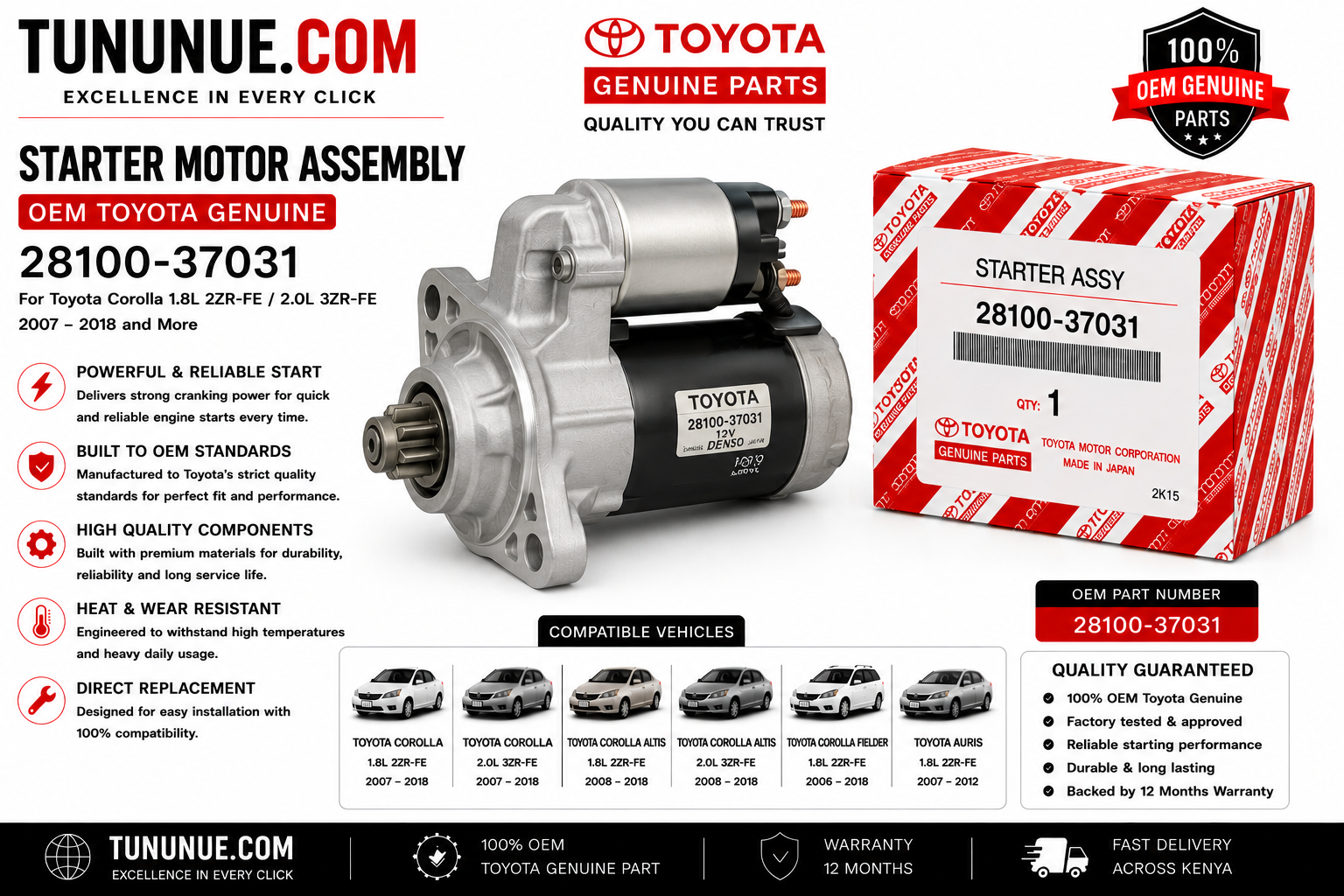 OEM Toyota Genuine Starter Motor Assembly 28100-37031 Corolla 1.8L 2ZR-FE / 2.0L 3ZR-FE