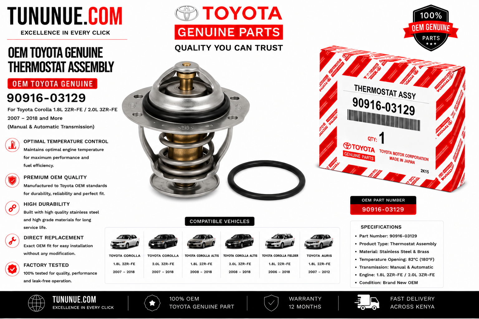 OEM Toyota Genuine Thermostat Assembly 90916-03129 Corolla 1.8L 2ZR-FE / 2.0L 3ZR-FE