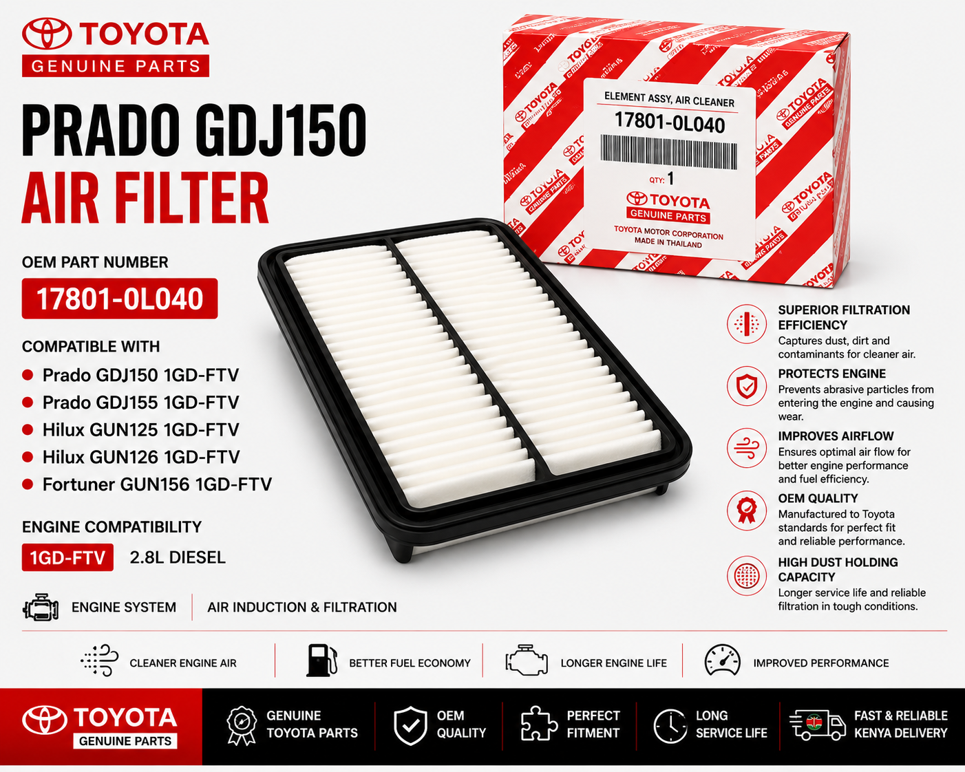 OEM Toyota Air Filter 17801-0L040 Prado GDJ150 2.8L 1GD-FTV