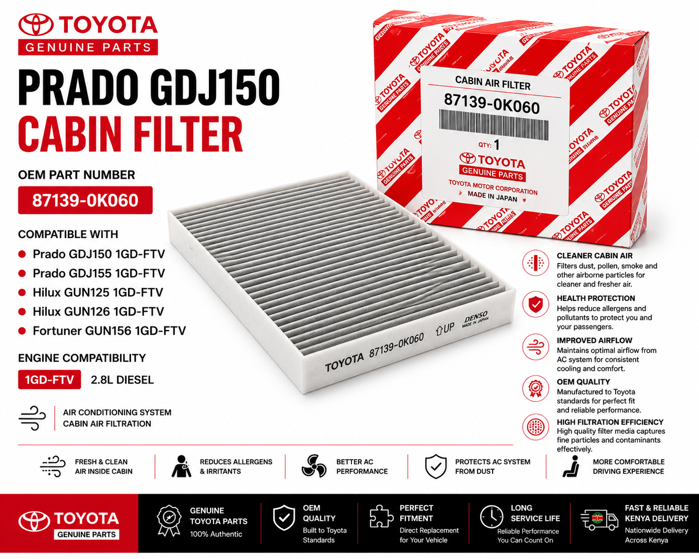 OEM Toyota Cabin Air Filter 87139-0K060 Prado GDJ150 2.8L 1GD-FTV