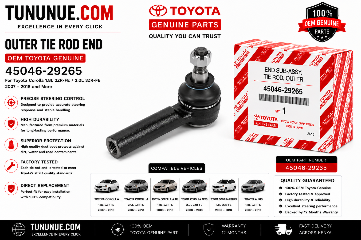 OEM Toyota Genuine Outer Tie Rod End 45046-29265 Corolla 1.8L 2ZR-FE / 2.0L 3ZR-FE
