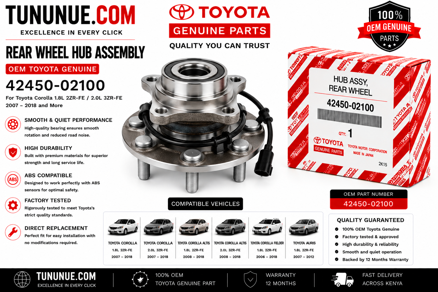 OEM Toyota Genuine Rear Wheel Hub Assembly 42450-02100 Corolla 1.8L 2ZR-FE / 2.0L 3ZR-FE