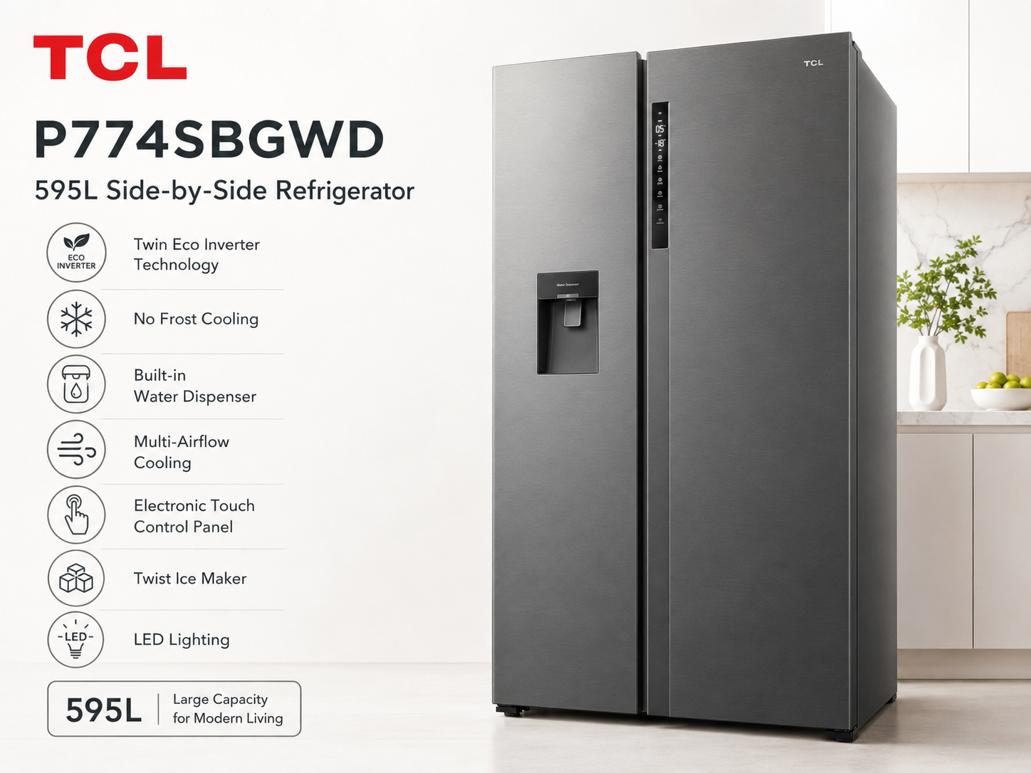 TCL P774SBGWD 595 Liters Side-by-Side Refrigerator