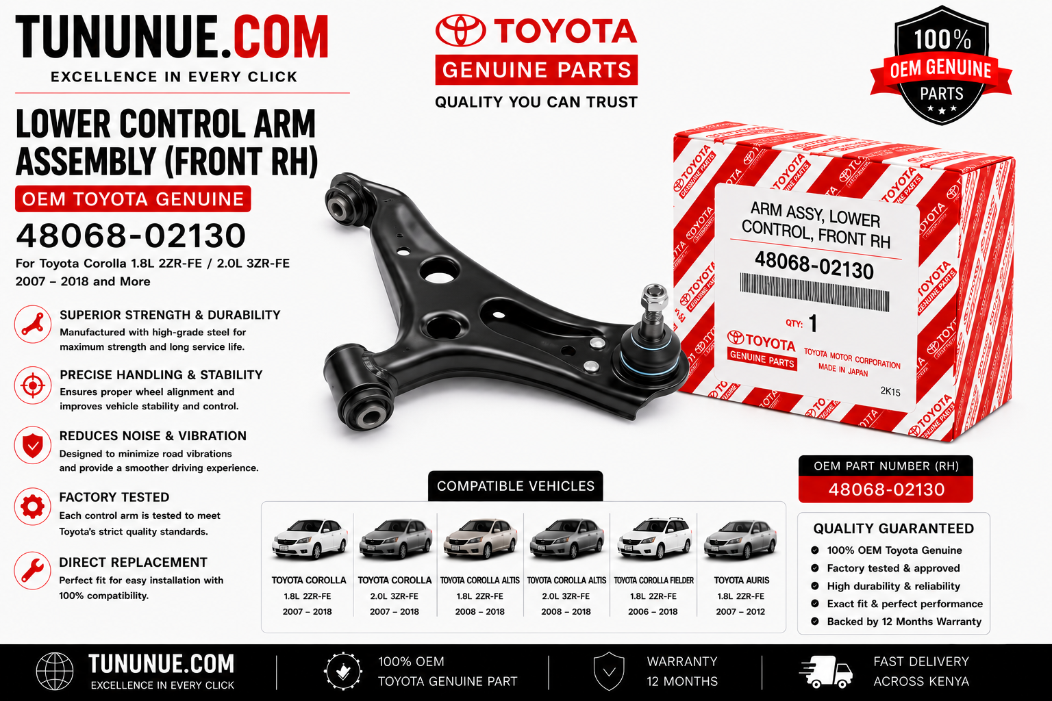 OEM Toyota Genuine Lower Control Arm Assembly Front RH 48068-02130 Corolla 1.8L 2ZR-FE / 2.0L 3ZR-FE