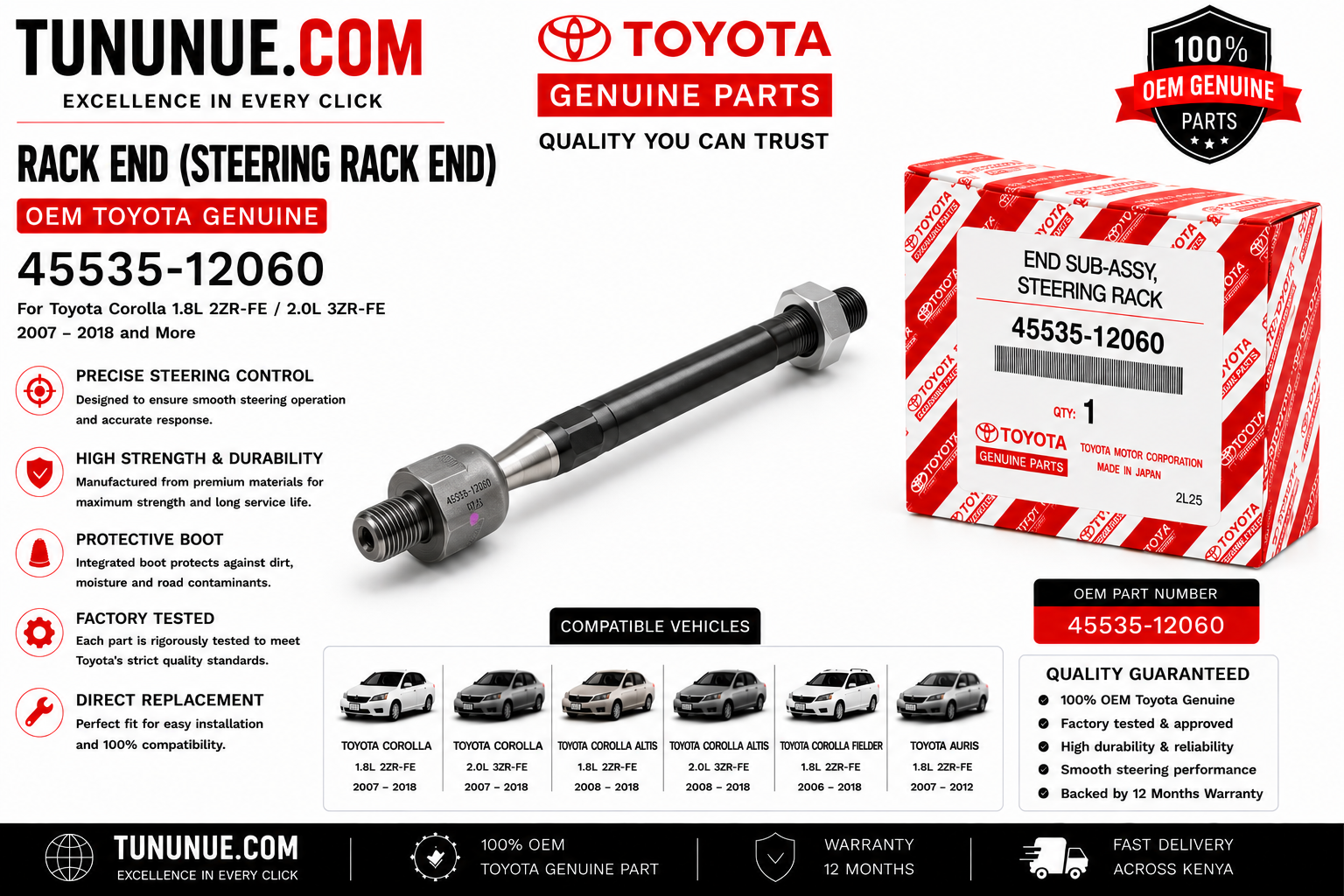 OEM Toyota Genuine Rack End Steering Rack End 45535-12060 Corolla 1.8L 2ZR-FE / 2.0L 3ZR-FE