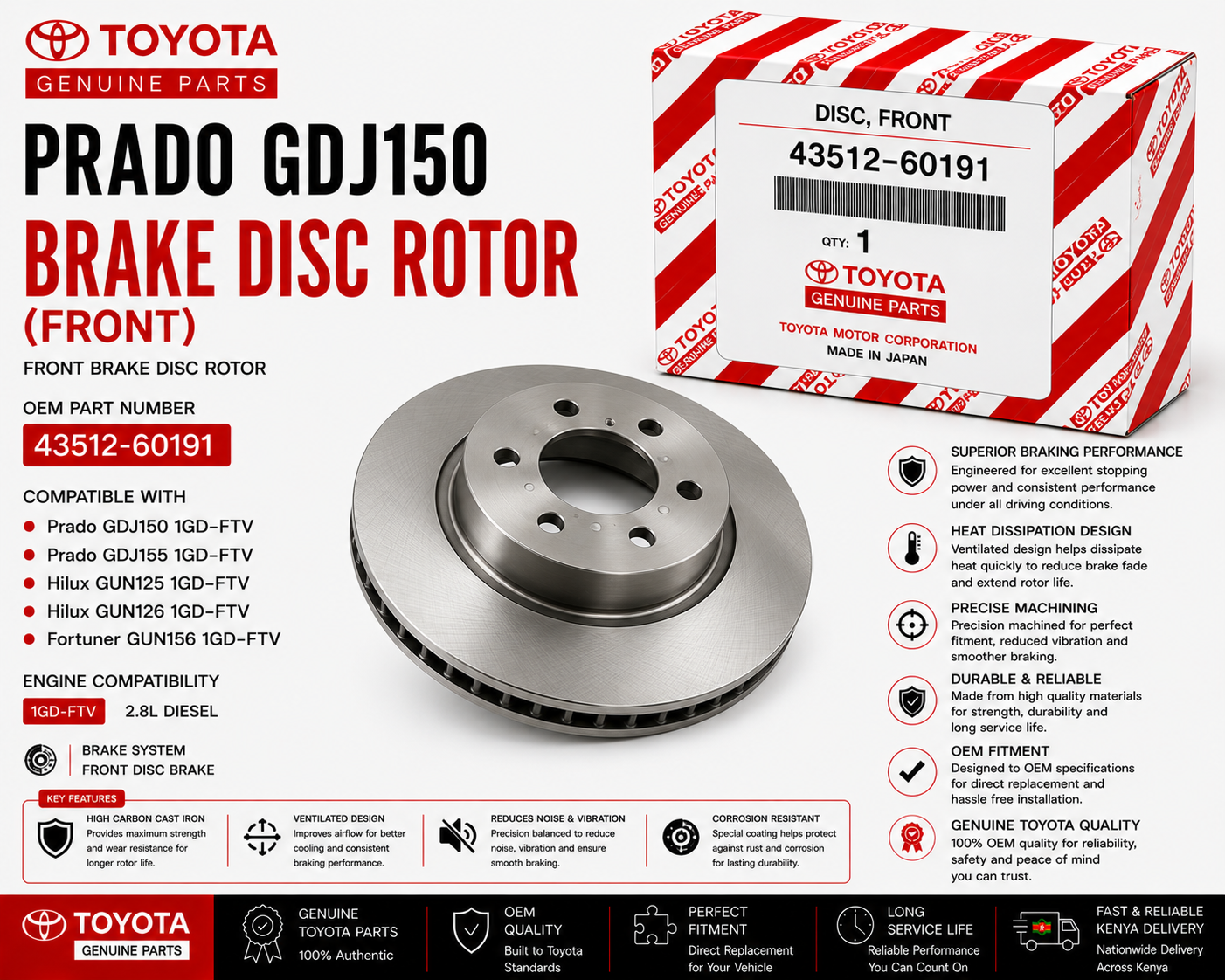 OEM Toyota Front Brake Disc Rotor 43512-60191 Prado GDJ150 2.8L 1GD-FTV