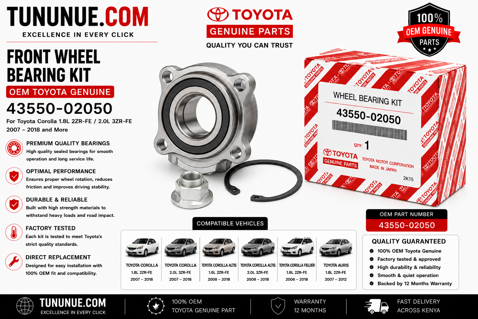OEM Toyota Genuine Front Wheel Bearing Kit 43550-02050 Corolla 1.8L 2ZR-FE / 2.0L 3ZR-FE