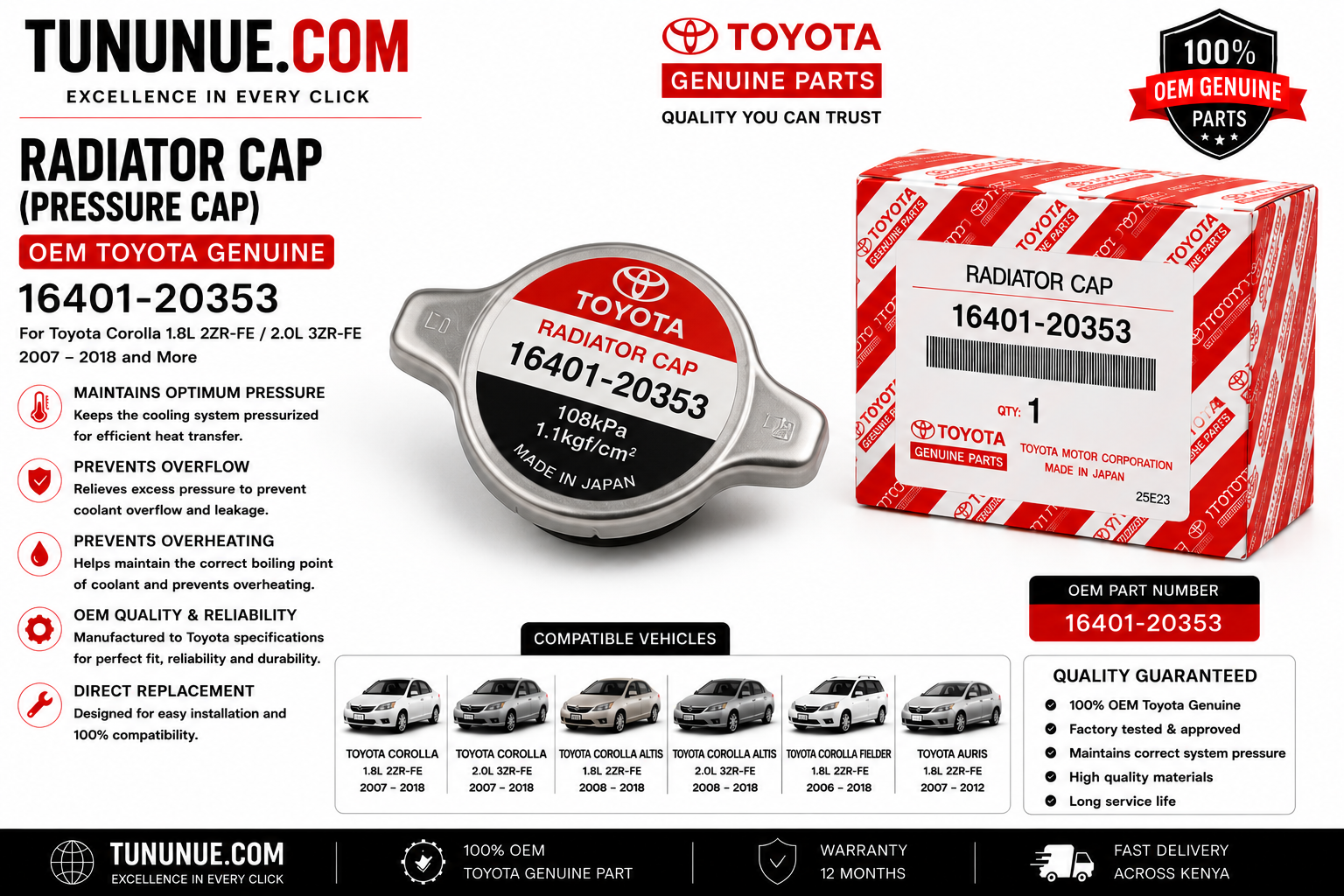 OEM Toyota Genuine Radiator Cap 16401-20353 Corolla 1.8L 2ZR-FE / 2.0L 3ZR-FE