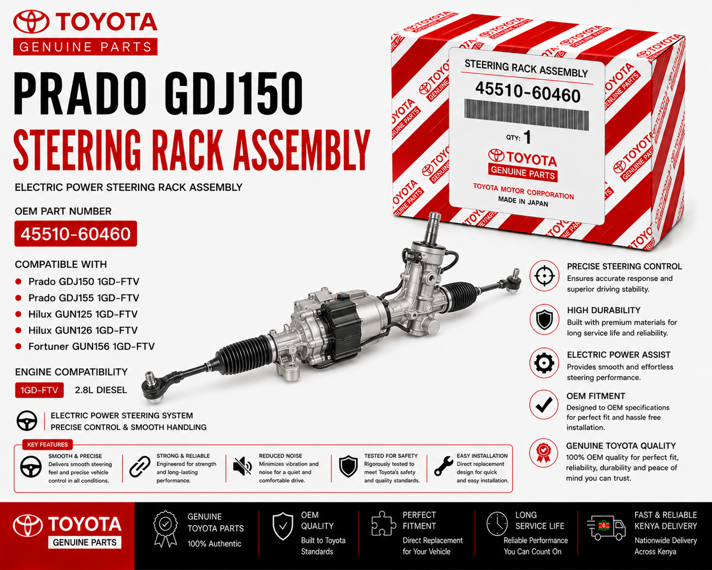 OEM Toyota Steering Rack Assembly 45510-60460 Prado GDJ150 2.8L 1GD-FTV