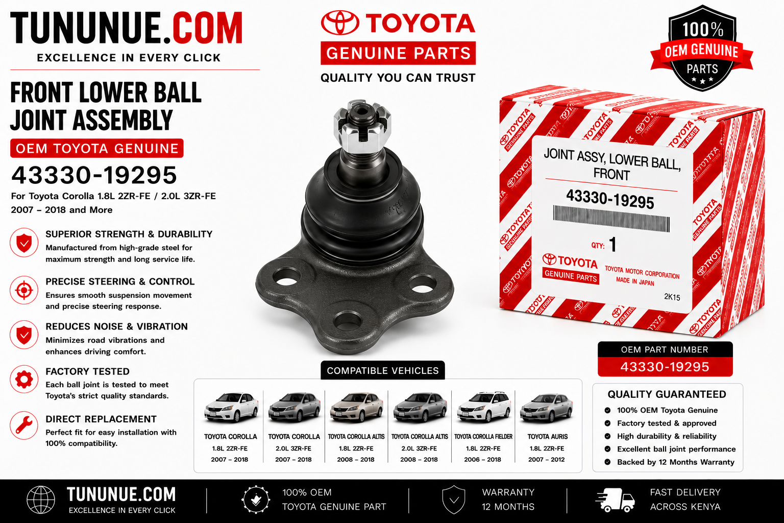 OEM Toyota Genuine Front Lower Ball Joint Assembly 43330-19295 Corolla 1.8L 2ZR-FE / 2.0L 3ZR-FE