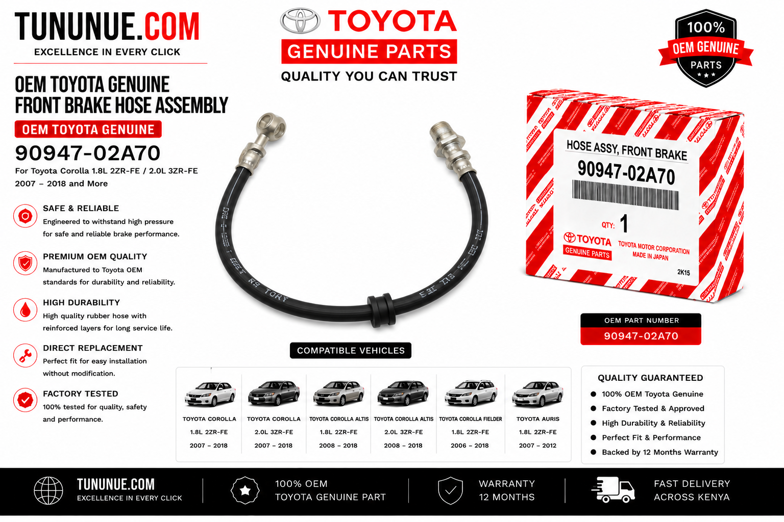 OEM Toyota Genuine Front Brake Hose Assembly 90947-02A70 Corolla 1.8L 2ZR-FE / 2.0L 3ZR-FE