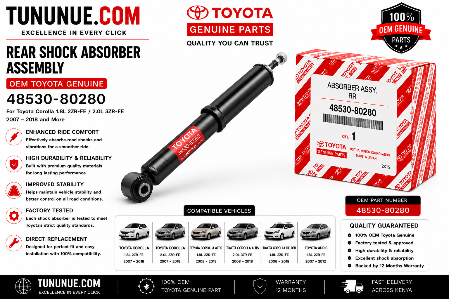 OEM Toyota Genuine Rear Shock Absorber Assembly 48530-80280 Corolla 1.8L 2ZR-FE / 2.0L 3ZR-FE