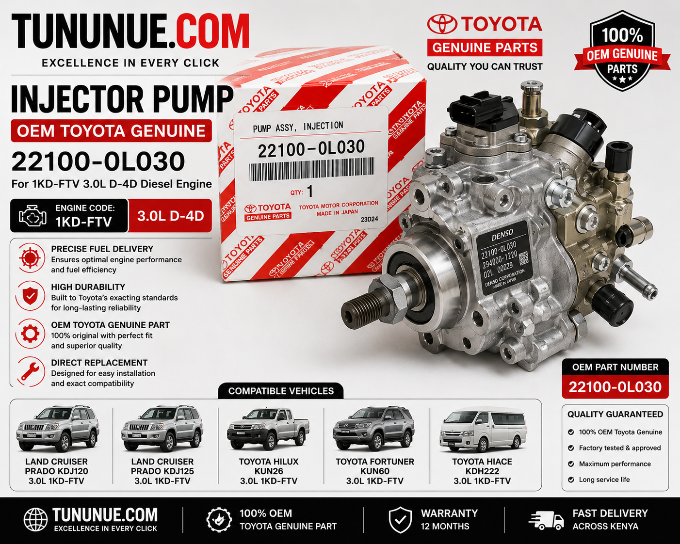 OEM Toyota Genuine Injector Pump 22100-0L030 Prado J120 3.0L 1KD-FTV