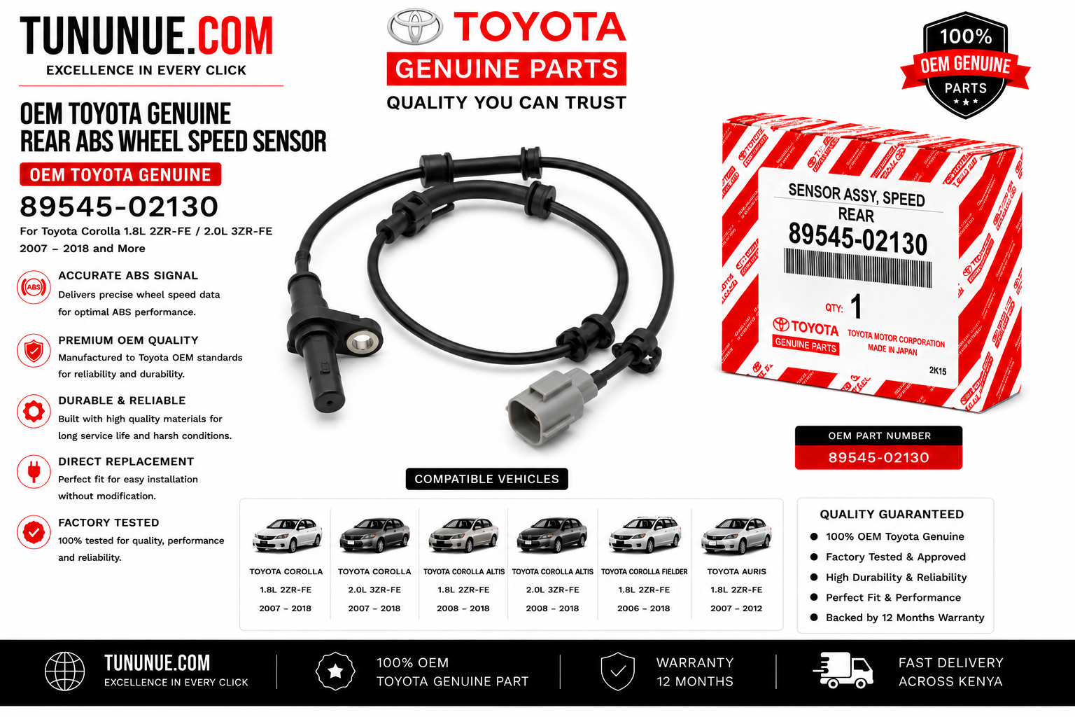 OEM Toyota Genuine Rear ABS Wheel Speed Sensor 89545-02130 Corolla 1.8L 2ZR-FE / 2.0L 3ZR-FE