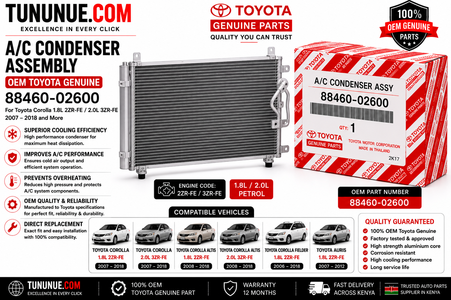 OEM Toyota Genuine A/C Condenser Assembly 88460-02600 Corolla 1.8L 2ZR-FE / 2.0L 3ZR-FE