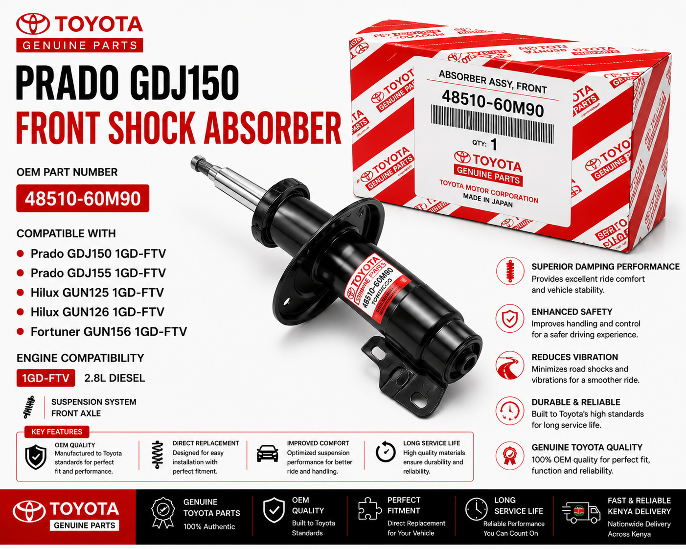 OEM Toyota Front Shock Absorber 48510-60M90 Prado GDJ150 2.8L 1GD-FTV