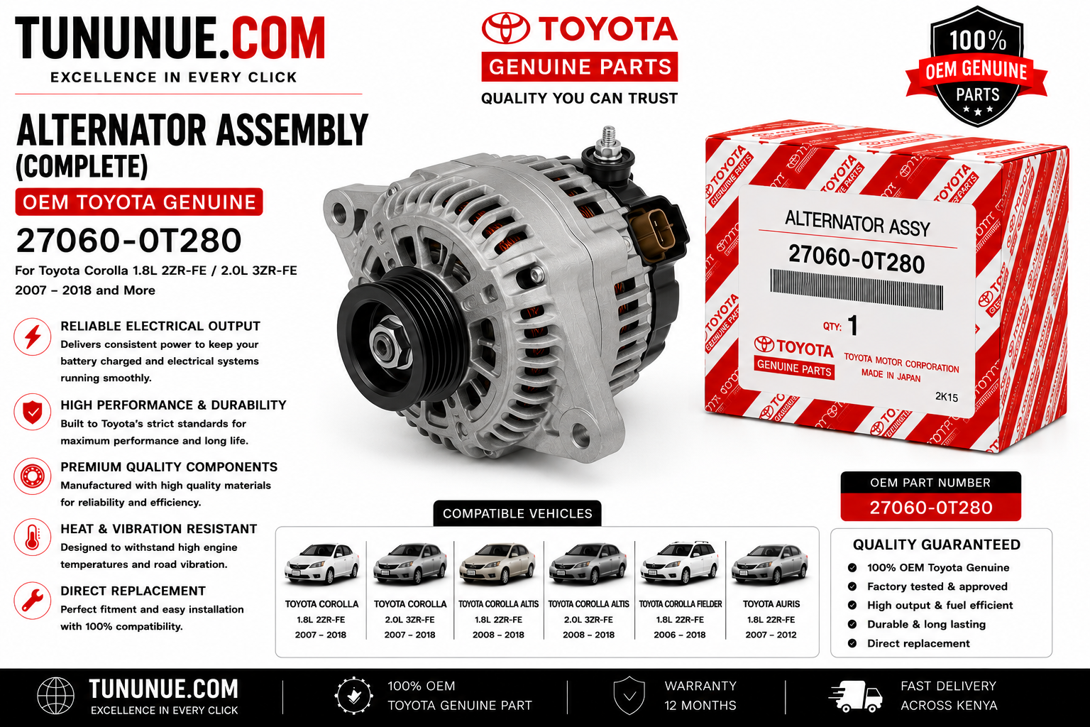 OEM Toyota Genuine Alternator Assembly 27060-0T280 Corolla 1.8L 2ZR-FE / 2.0L 3ZR-FE