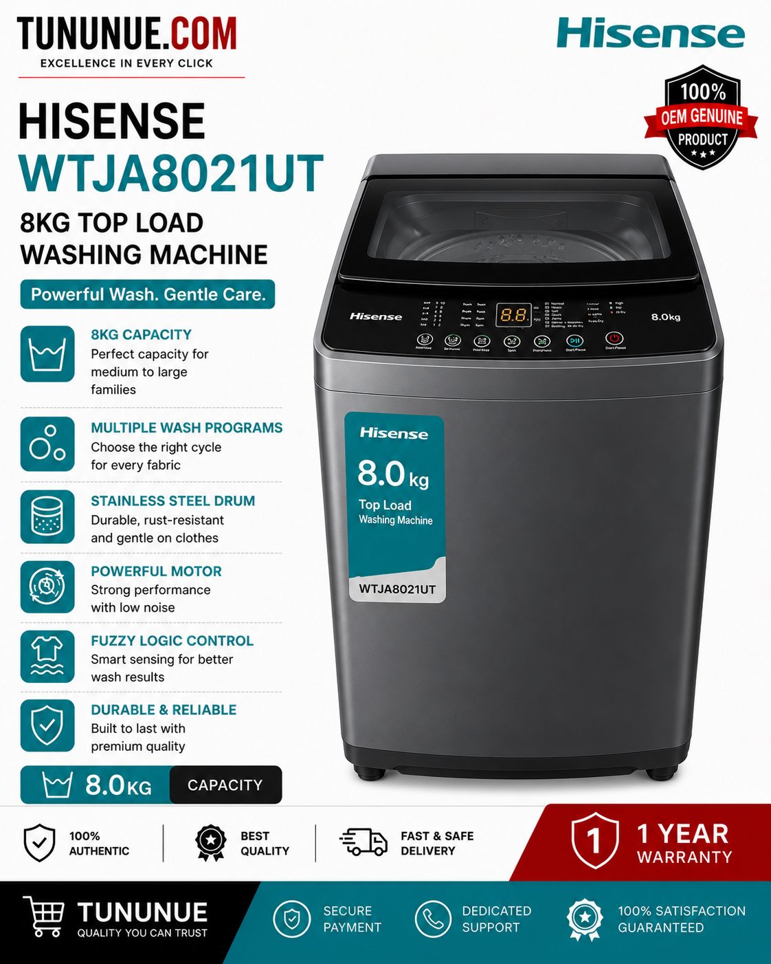 Hisense WTJA8021UT 8KG Top Load Washing Machine