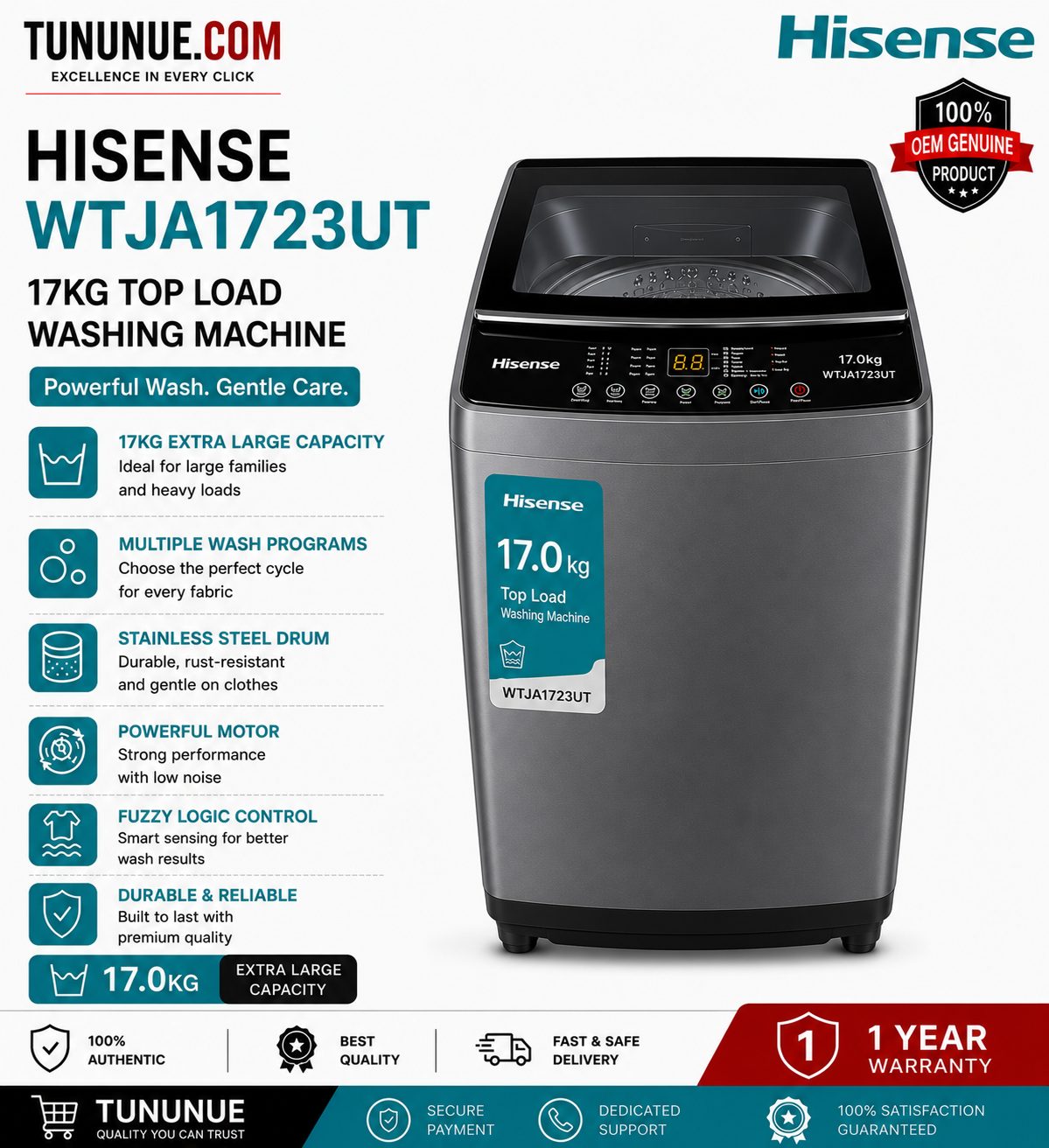 Hisense WTJA1723UT 17KG Top Load Washing Machine