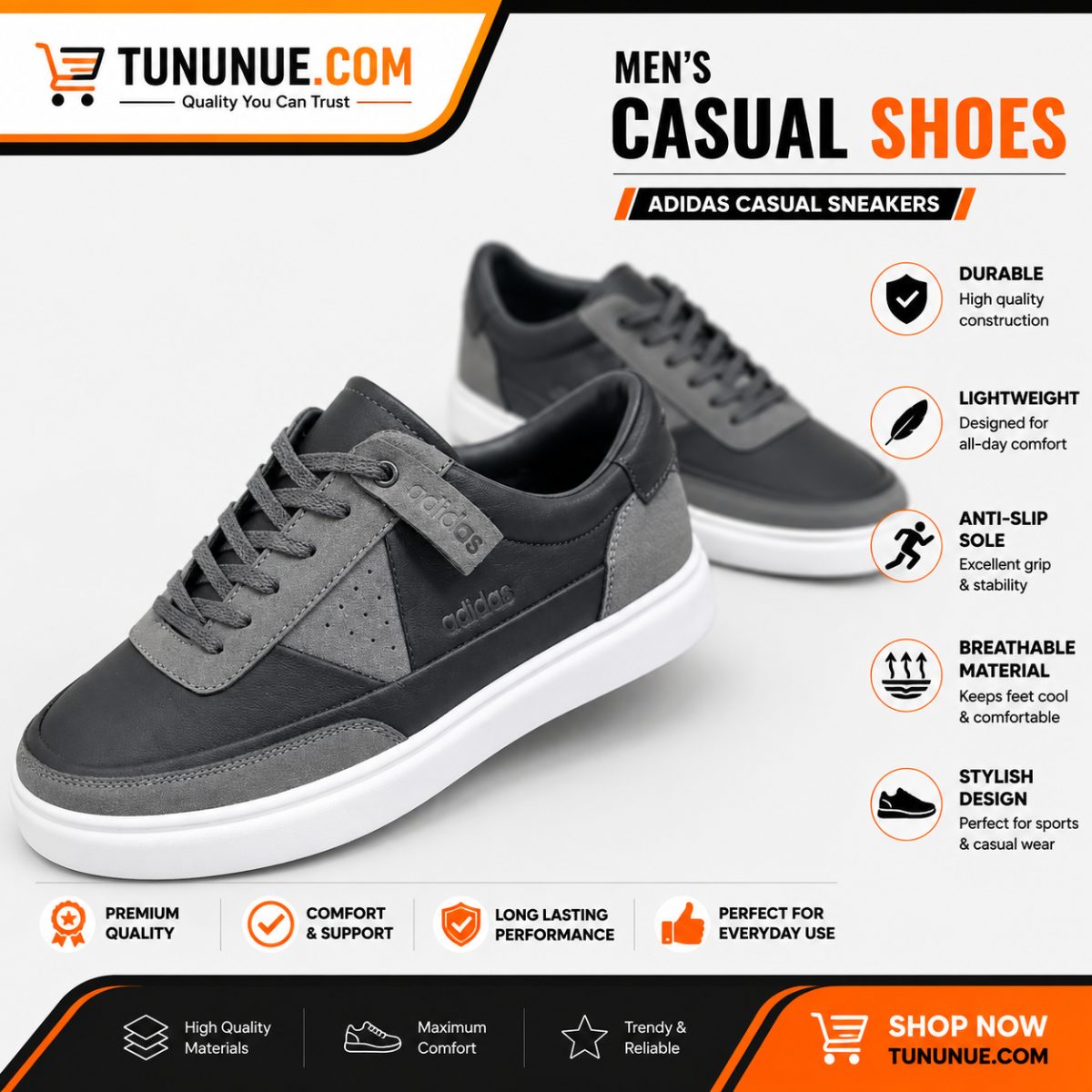 Adidas Grey Black Men's Casual Sneakers Brand New