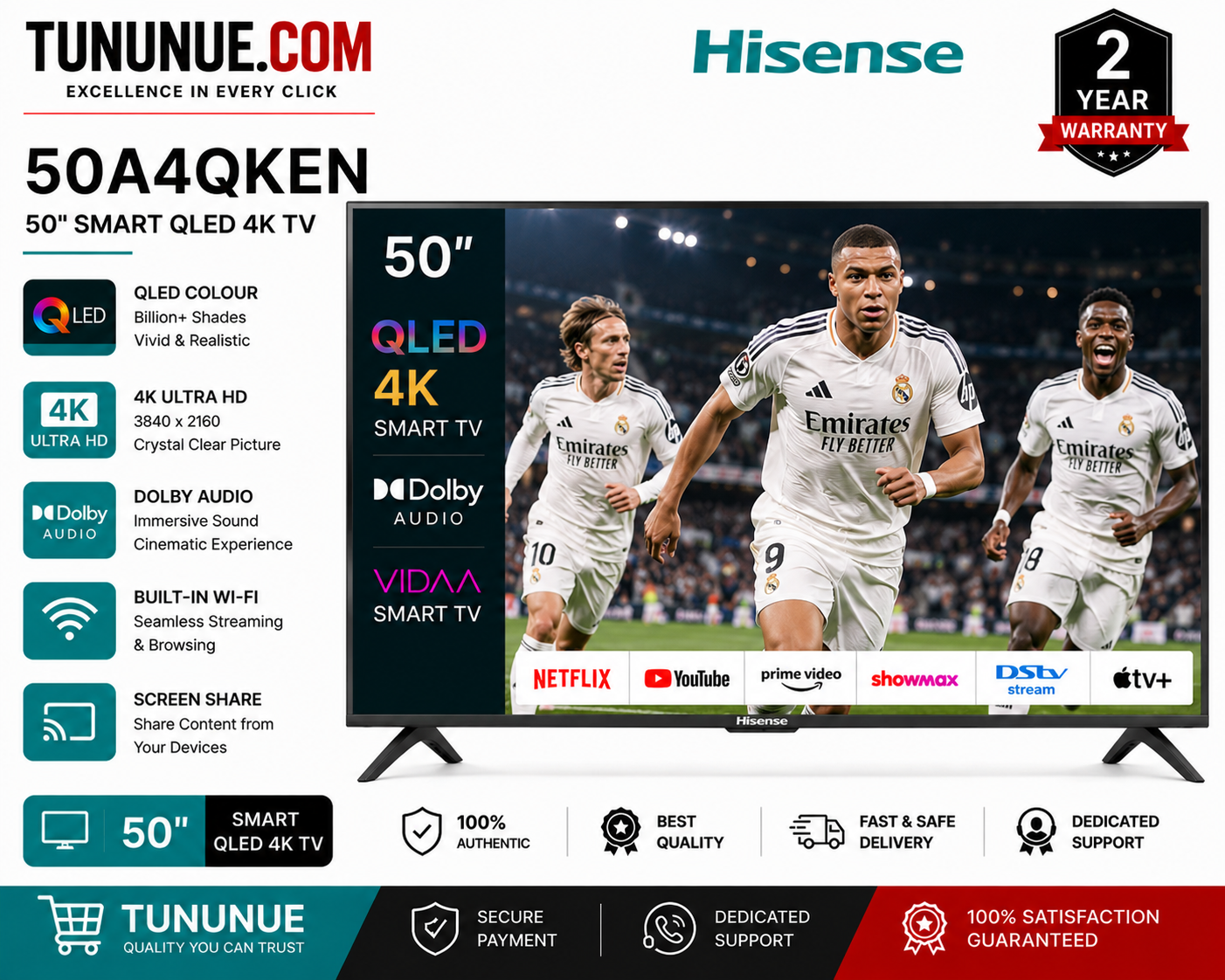 Hisense 50A4QKEN 50 Inch Smart QLED 4K TV