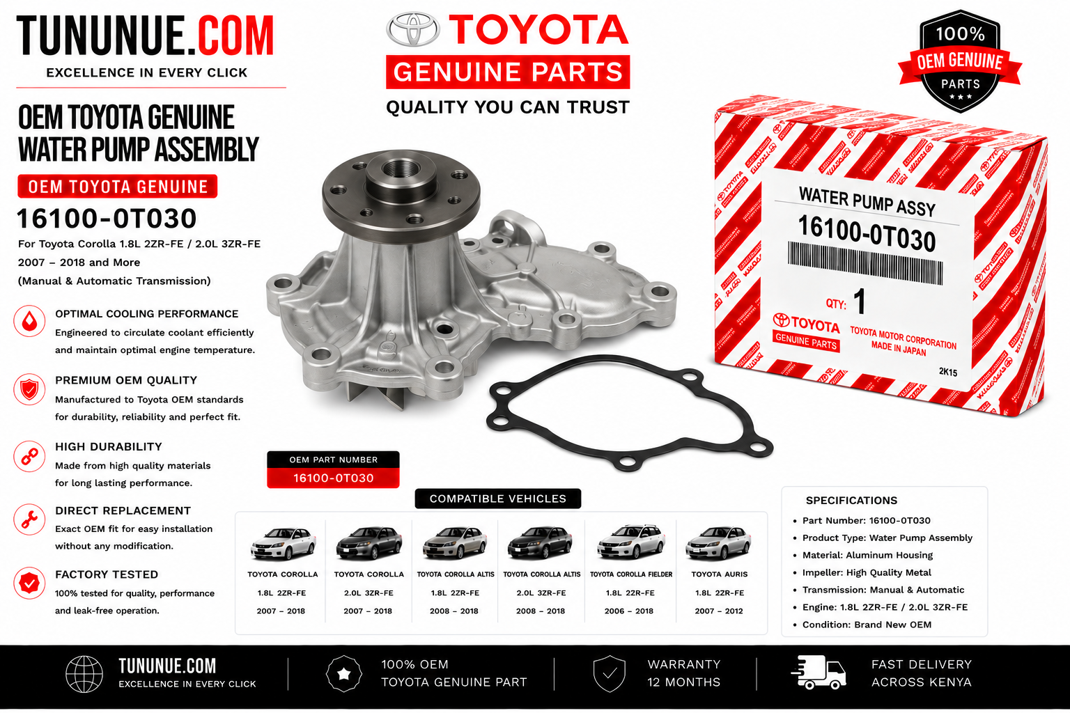 OEM Toyota Genuine Water Pump Assembly 16100-0T030 Corolla 1.8L 2ZR-FE / 2.0L 3ZR-FE