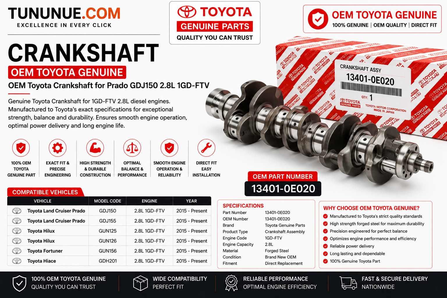 OEM Toyota Genuine Crankshaft Assembly 13401-0E020 Prado GDJ150 2.8L 1GD-FTV