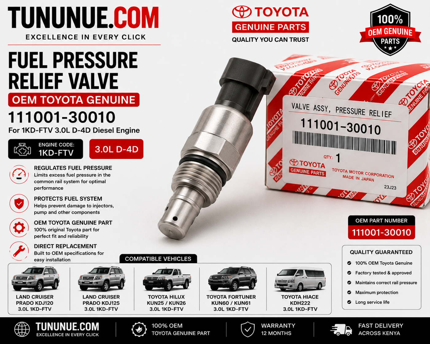 OEM Toyota Genuine Fuel Pressure Relief Valve 111001-30010 Prado J120 3.0L 1KD-FTV