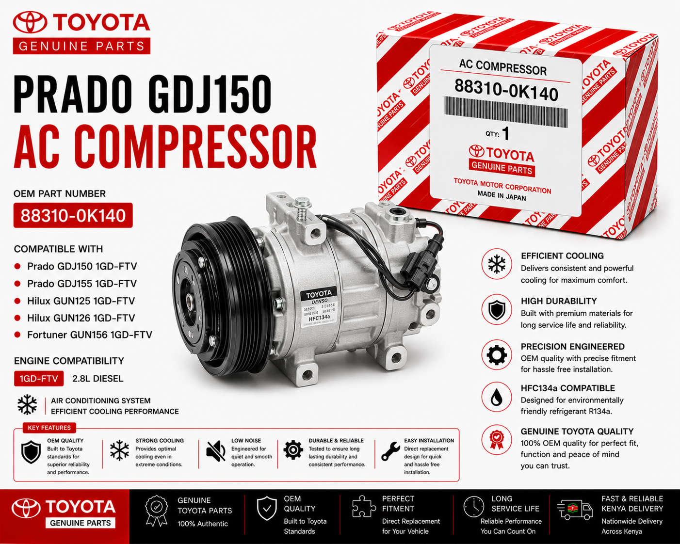 OEM Toyota AC Compressor 88310-0K140 Prado GDJ150 2.8L 1GD-FTV