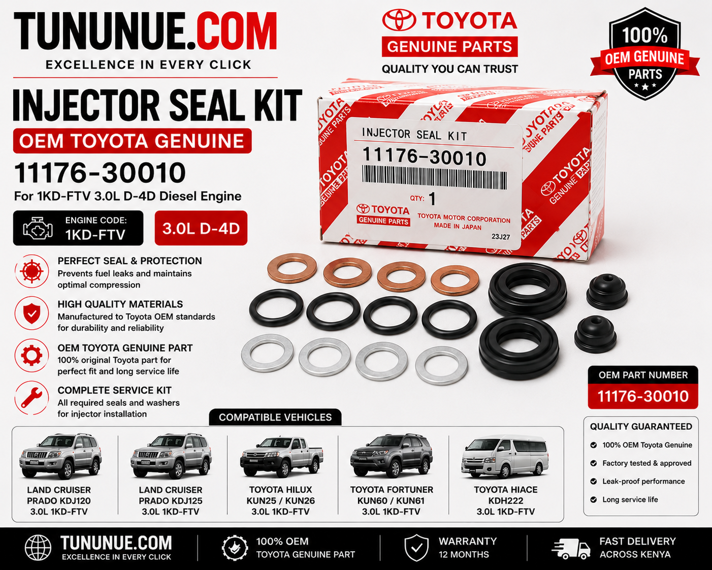 OEM Toyota Genuine Injector Seal Kit 11176-30010 Prado J120 3.0L 1KD-FTV